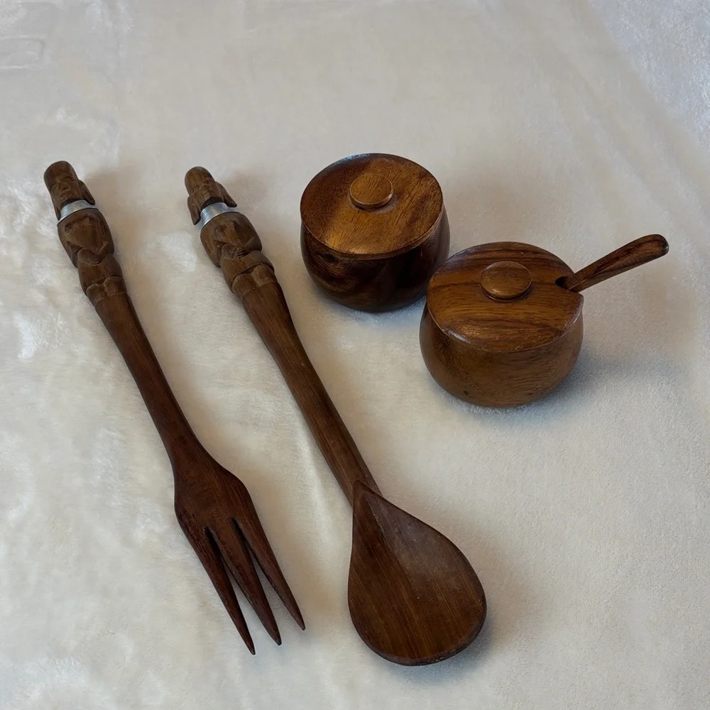 Mid-Century Wooden Dining Set with Carved Handles African Motif Condiment Bowls